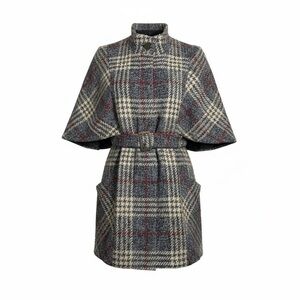 Tribal Structured Plaid Cape Coat Belted Elegant Wool Blend Size 8 Medium